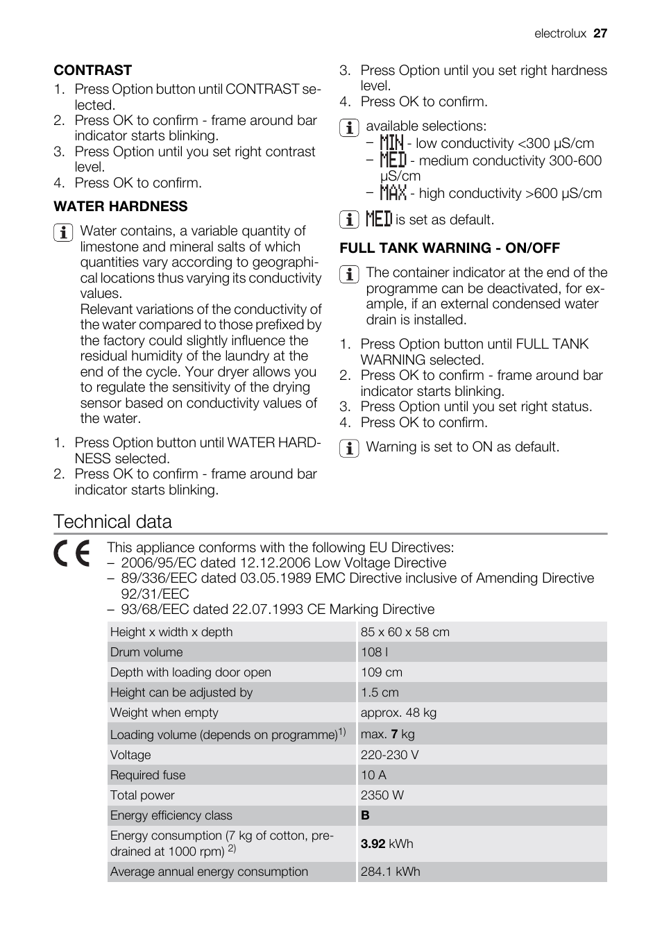 Technical data | Electrolux PRO STEAM TK SL5 E User Manual | Page 27 / 32