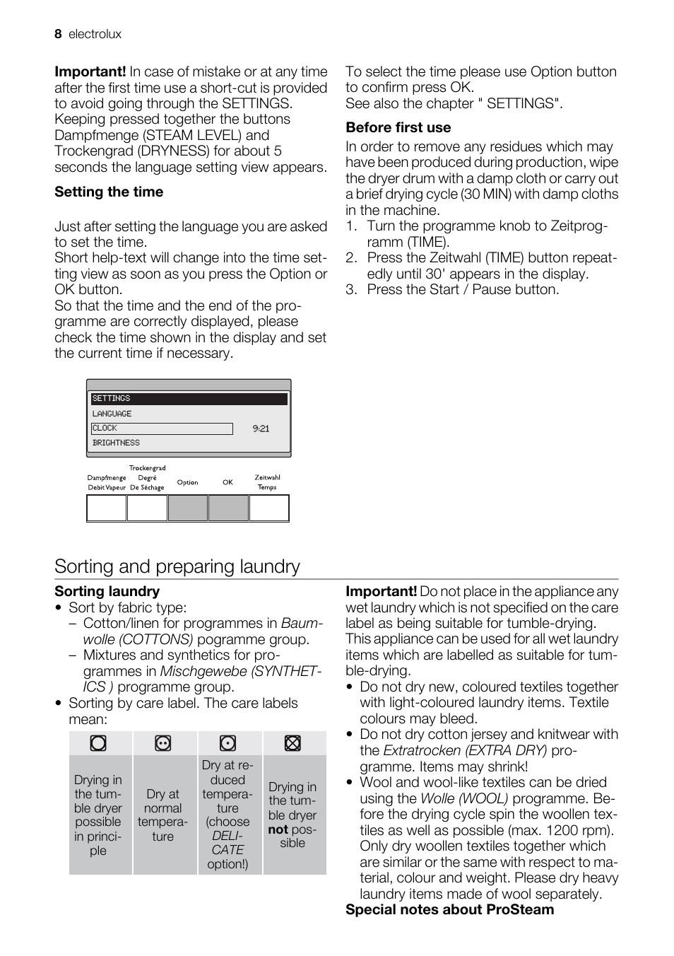 Sorting and preparing laundry | Electrolux PRO STEAM TK SL5 E User Manual | Page 8 / 32