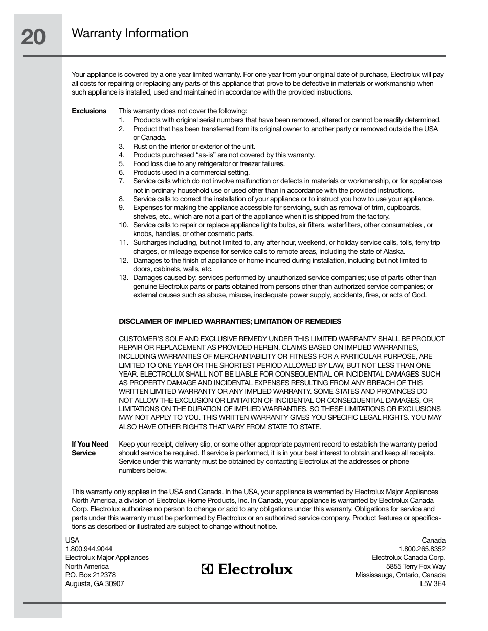 Warranty information | Electrolux RH42PC60GS User Manual | Page 20 / 21