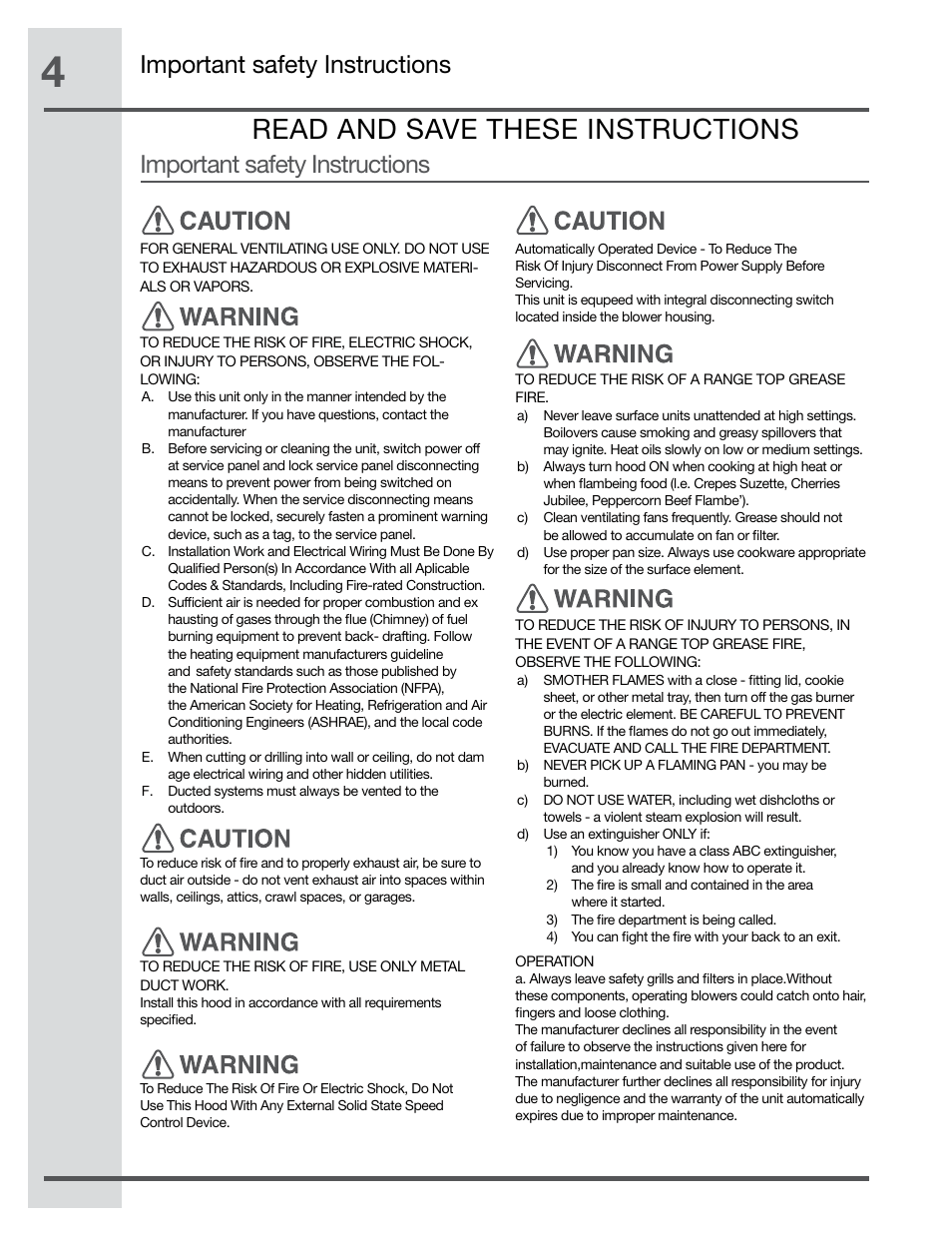 Read and save these instructions, Important safety instructions | Electrolux RH42PC60GS User Manual | Page 4 / 21