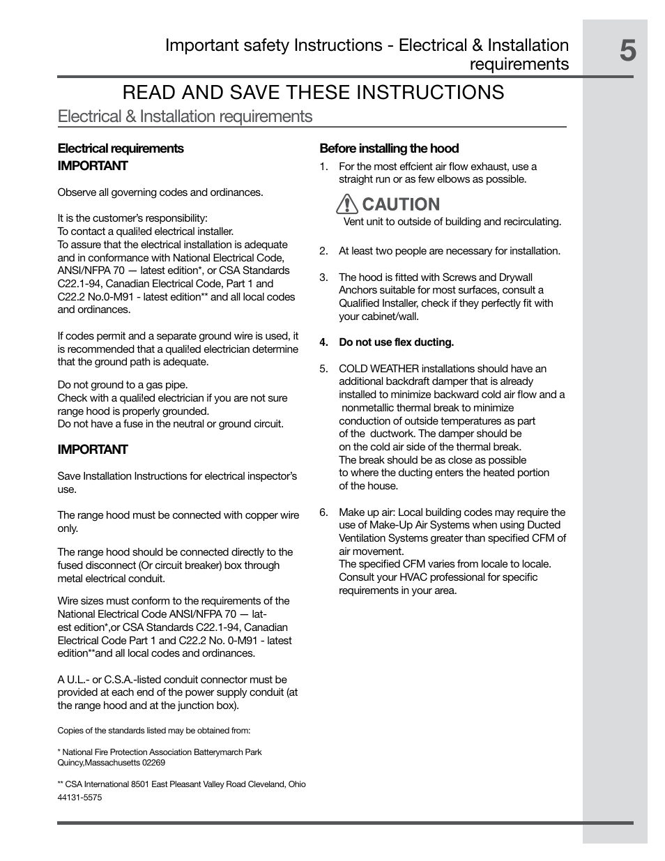 Read and save these instructions, Electrical & installation requirements | Electrolux RH42PC60GS User Manual | Page 5 / 21