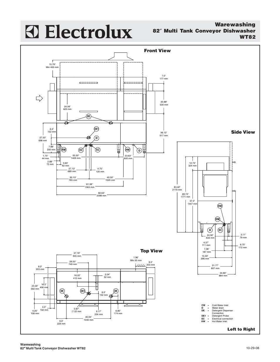 Warewashing, 82 ″ multi tank conveyor dishwasher wt82, Front view top view | Side view, Left to right | Electrolux 534180 User Manual | Page 3 / 5