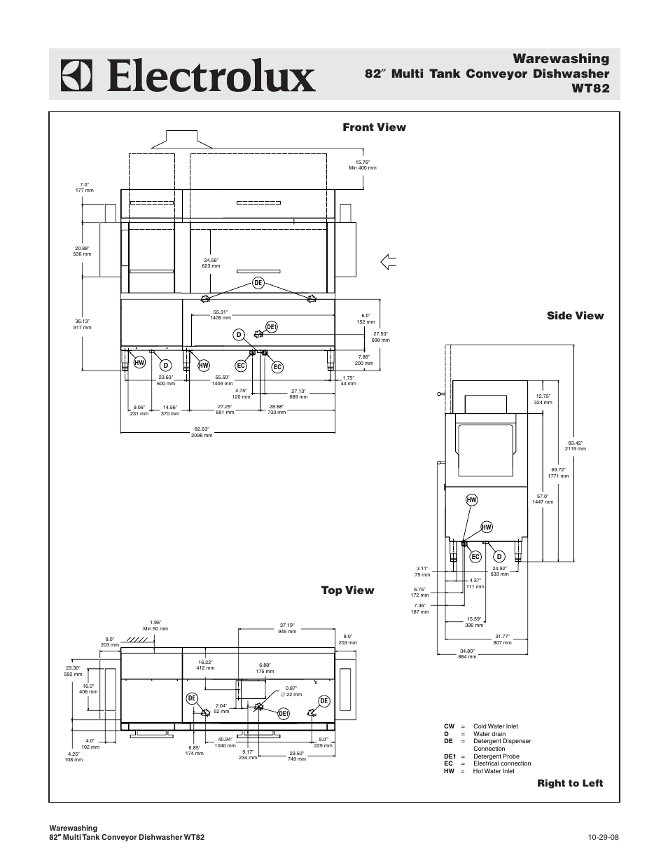 Warewashing, 82 ″ multi tank conveyor dishwasher wt82, Front view side view | Top view, Right to left | Electrolux 534180 User Manual | Page 4 / 5