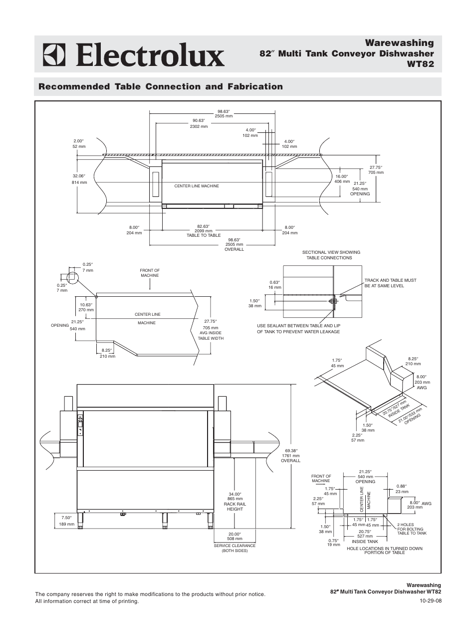 Warewashing, Recommended table connection and fabrication, 82 ″ multi tank conveyor dishwasher wt82 | Electrolux 534180 User Manual | Page 5 / 5