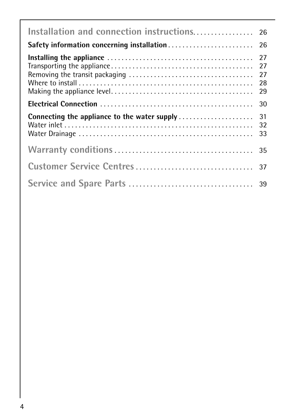 Installation and connection instructions, Warranty conditions, Customer service centres | Service and spare parts | Electrolux LAVAMAT 64810 User Manual | Page 4 / 40