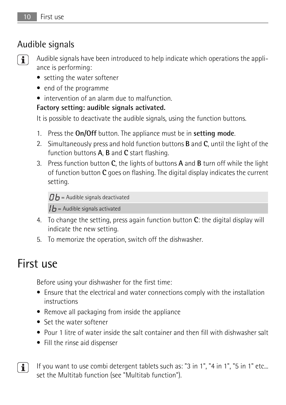 First use, Audible signals | Electrolux 65011 VI User Manual | Page 10 / 40