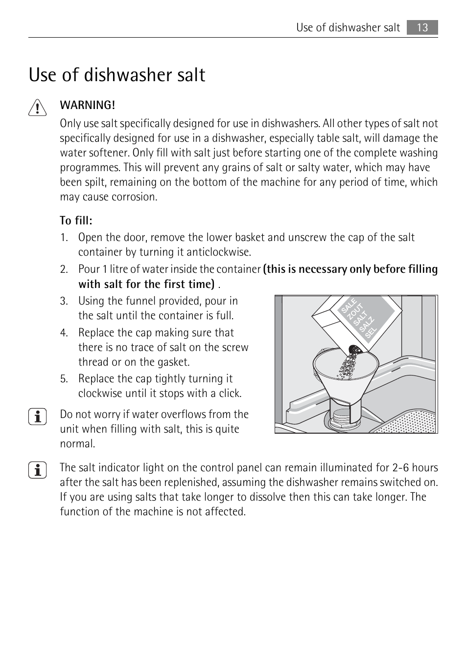 Use of dishwasher salt | Electrolux 65011 VI User Manual | Page 13 / 40