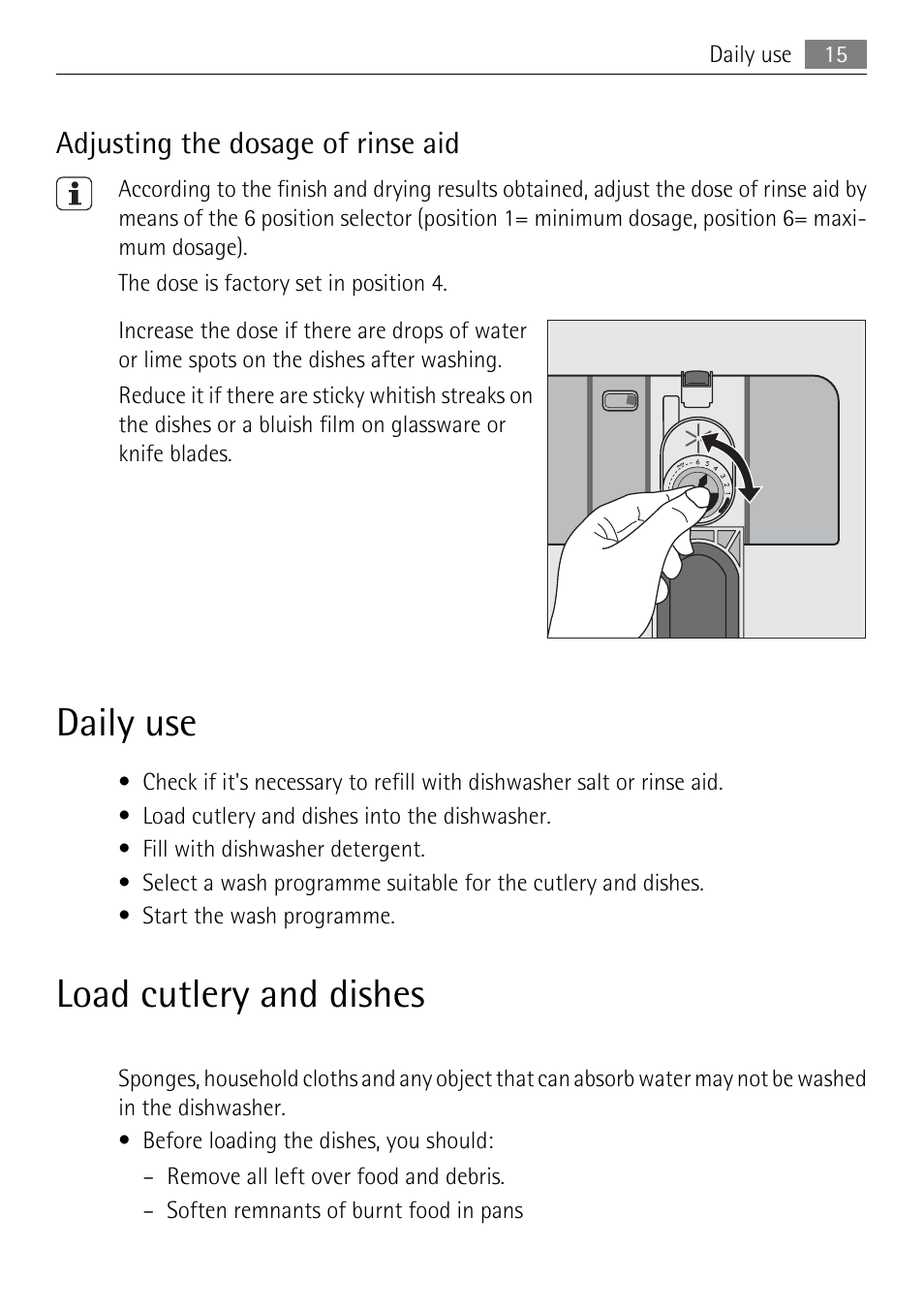 Daily use, Load cutlery and dishes | Electrolux 65011 VI User Manual | Page 15 / 40