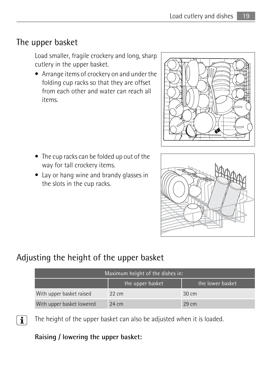 The upper basket, Adjusting the height of the upper basket | Electrolux 65011 VI User Manual | Page 19 / 40