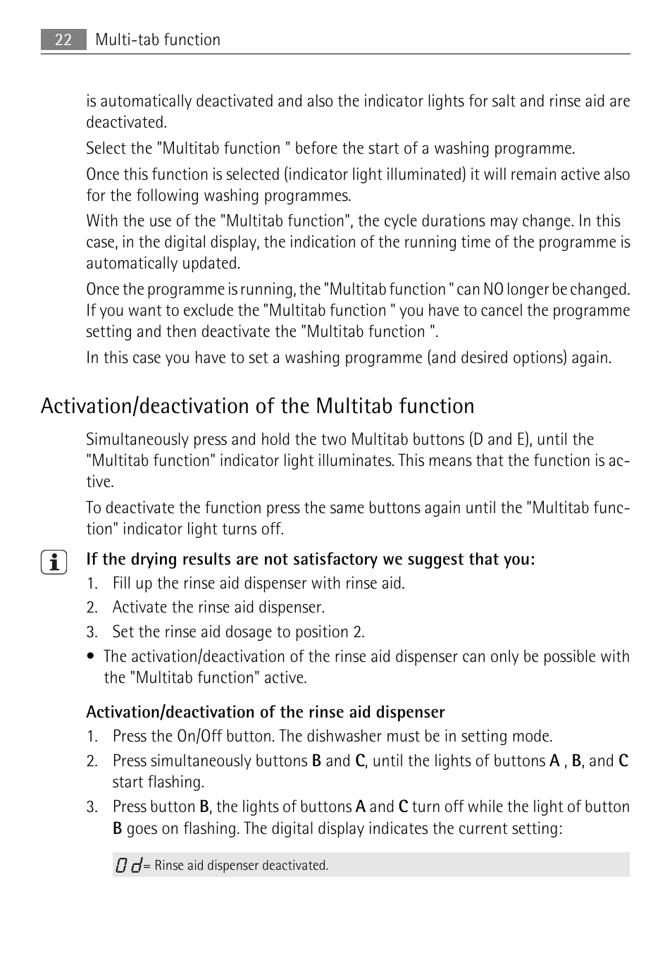 Activation/deactivation of the multitab function | Electrolux 65011 VI User Manual | Page 22 / 40