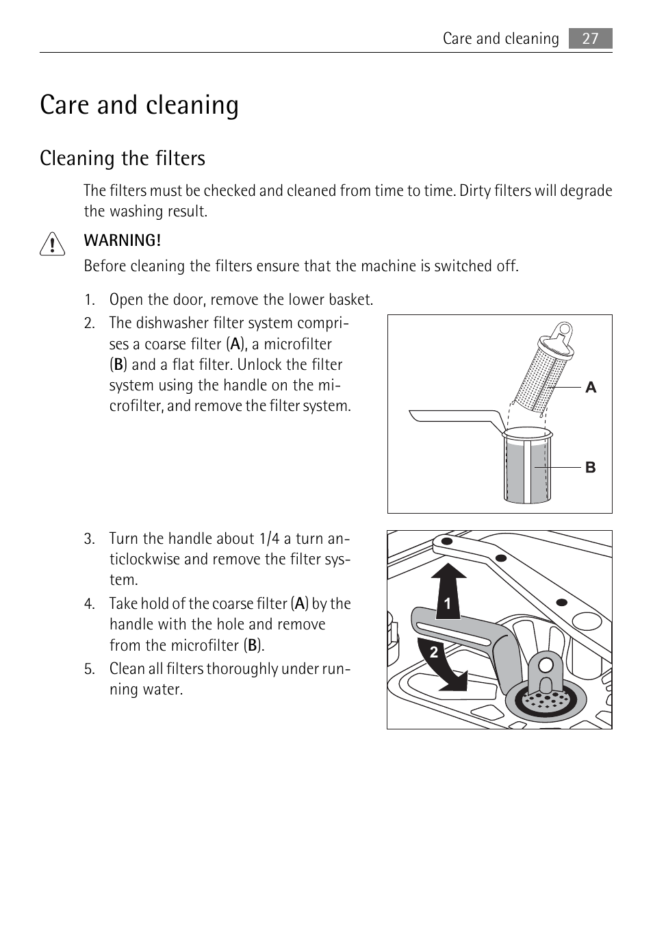 Care and cleaning, Cleaning the filters | Electrolux 65011 VI User Manual | Page 27 / 40