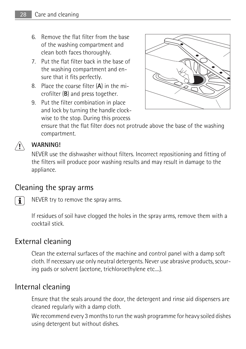 Cleaning the spray arms, External cleaning, Internal cleaning | Electrolux 65011 VI User Manual | Page 28 / 40