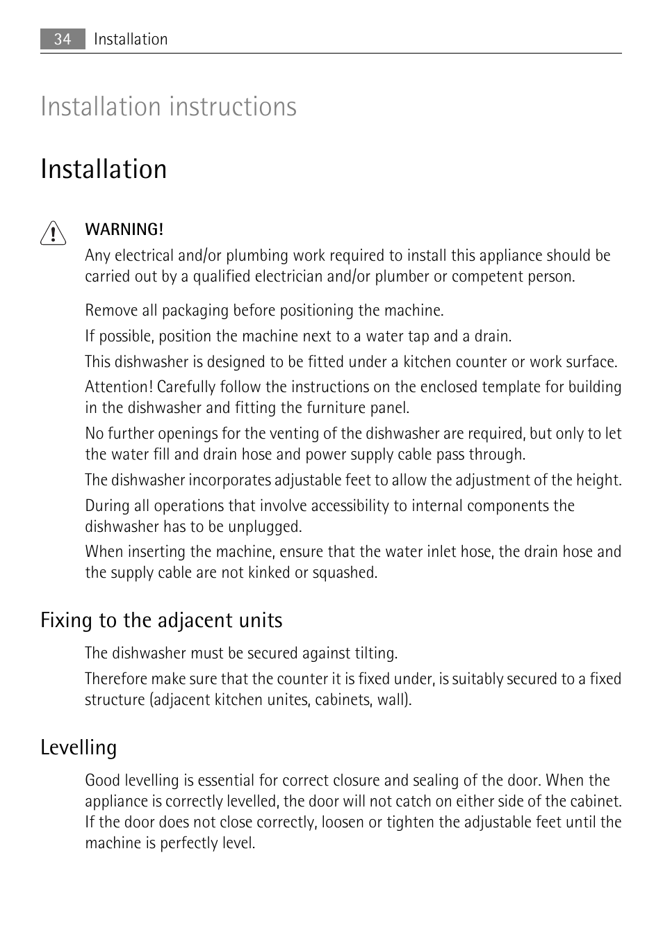 Installation instructions installation | Electrolux 65011 VI User Manual | Page 34 / 40