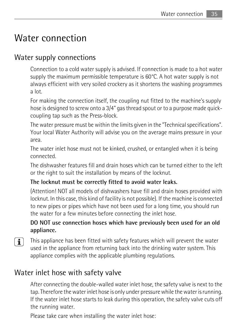 Water connection | Electrolux 65011 VI User Manual | Page 35 / 40