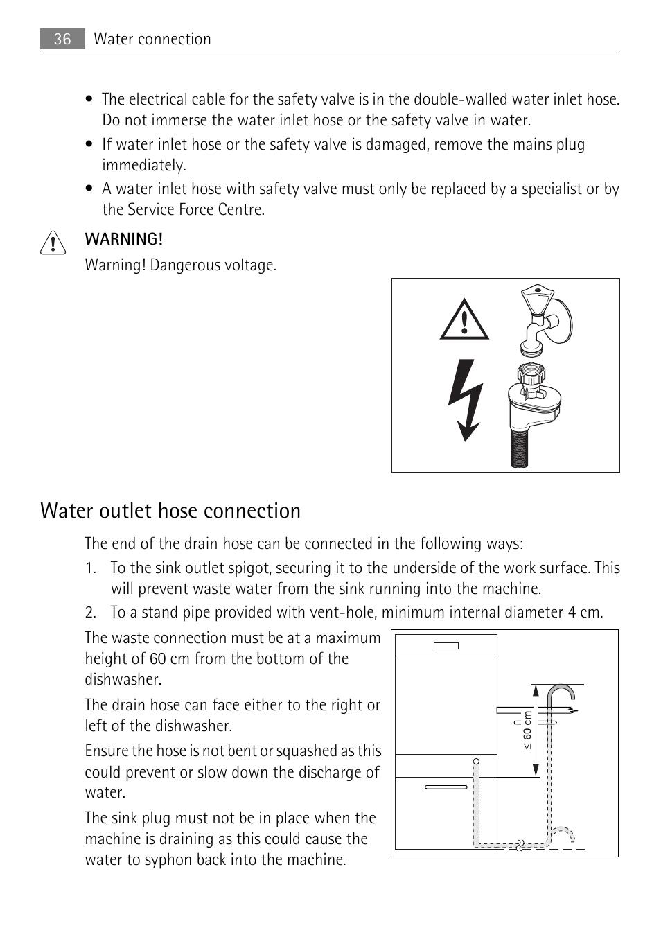 Water outlet hose connection | Electrolux 65011 VI User Manual | Page 36 / 40