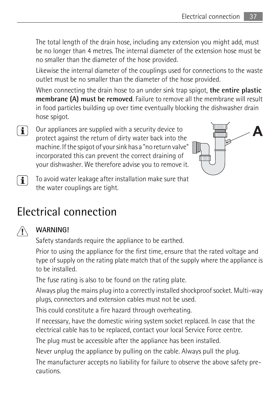 Electrical connection | Electrolux 65011 VI User Manual | Page 37 / 40