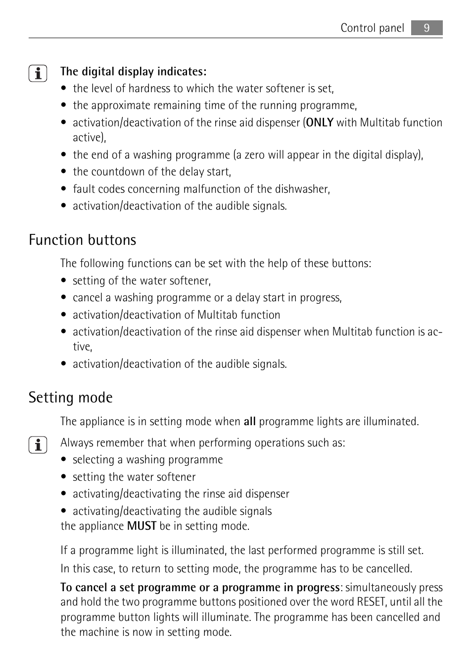 Function buttons, Setting mode | Electrolux 65011 VI User Manual | Page 9 / 40