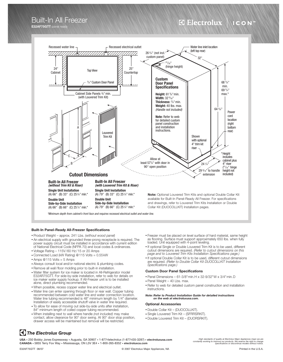 Built-in all freezer, Cutout dimensions | Electrolux E32AR75GTT User Manual | Page 2 / 6