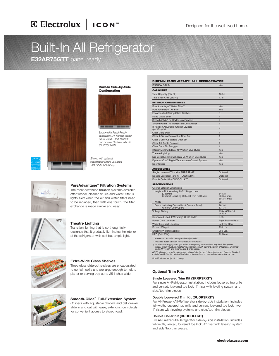 Built-in all refrigerator, E32ar75gtt panel ready, Designed for the well-lived home | Electrolux E32AR75GTT User Manual | Page 3 / 6