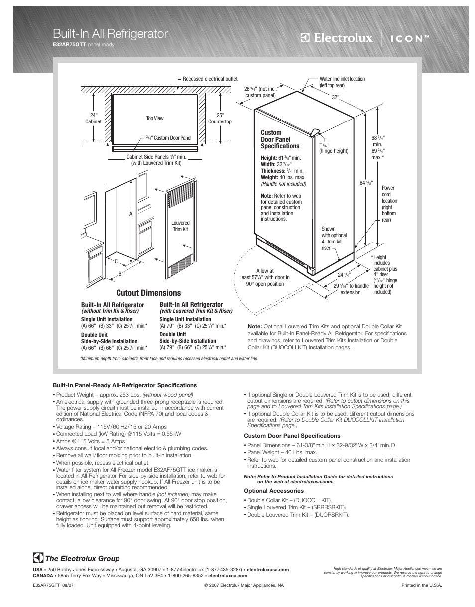 Built-in all refrigerator, Cutout dimensions | Electrolux E32AR75GTT User Manual | Page 4 / 6