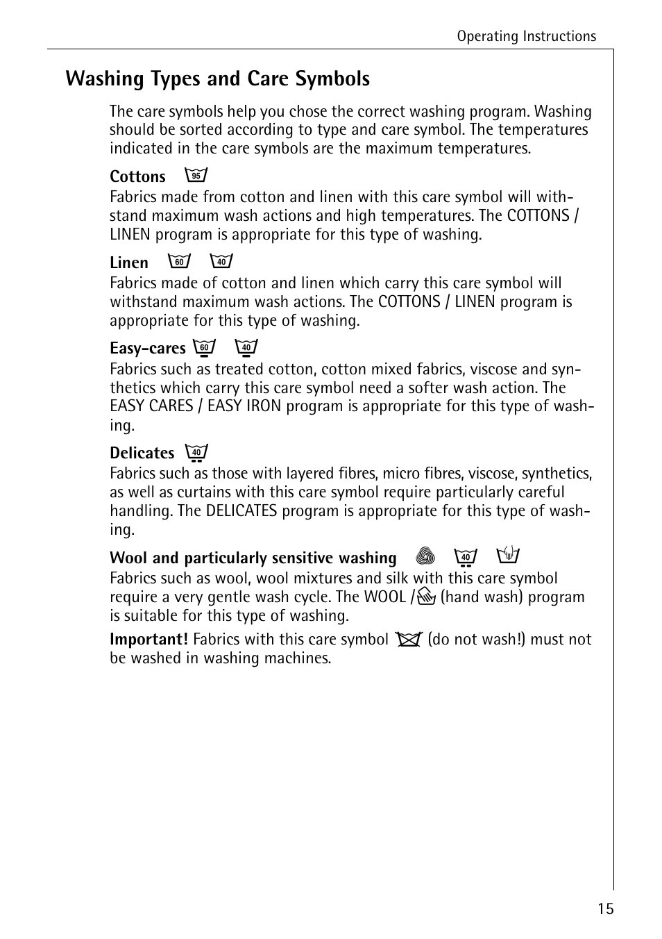 Washing types and care symbols | Electrolux 76639 User Manual | Page 15 / 52