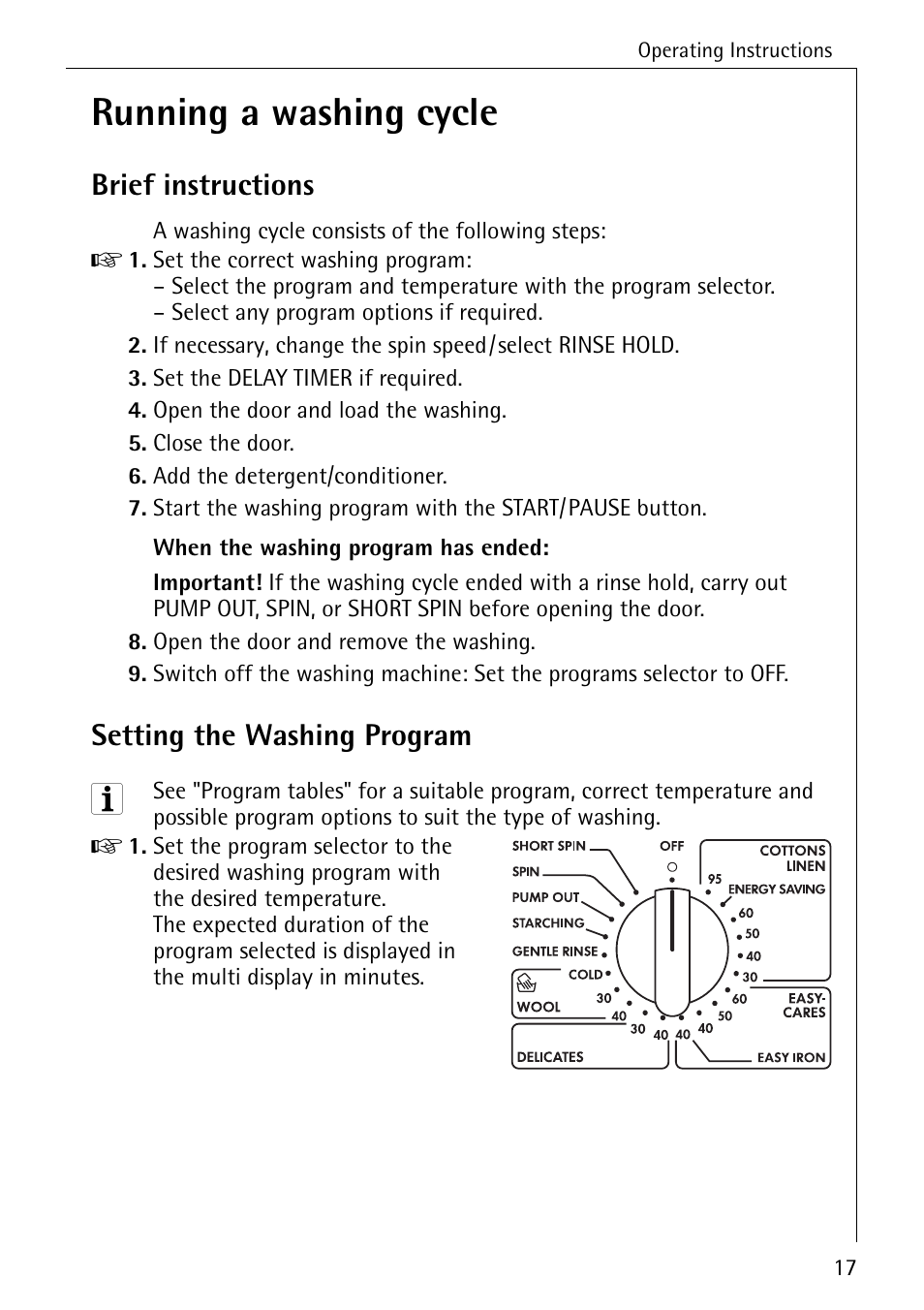 Running a washing cycle, Brief instructions, Setting the washing program | Electrolux 76639 User Manual | Page 17 / 52
