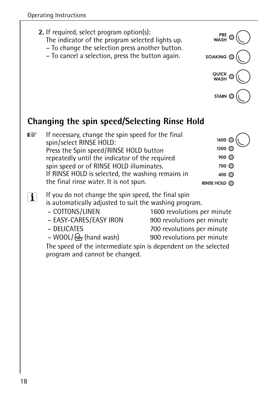 Changing the spin speed/selecting rinse hold | Electrolux 76639 User Manual | Page 18 / 52