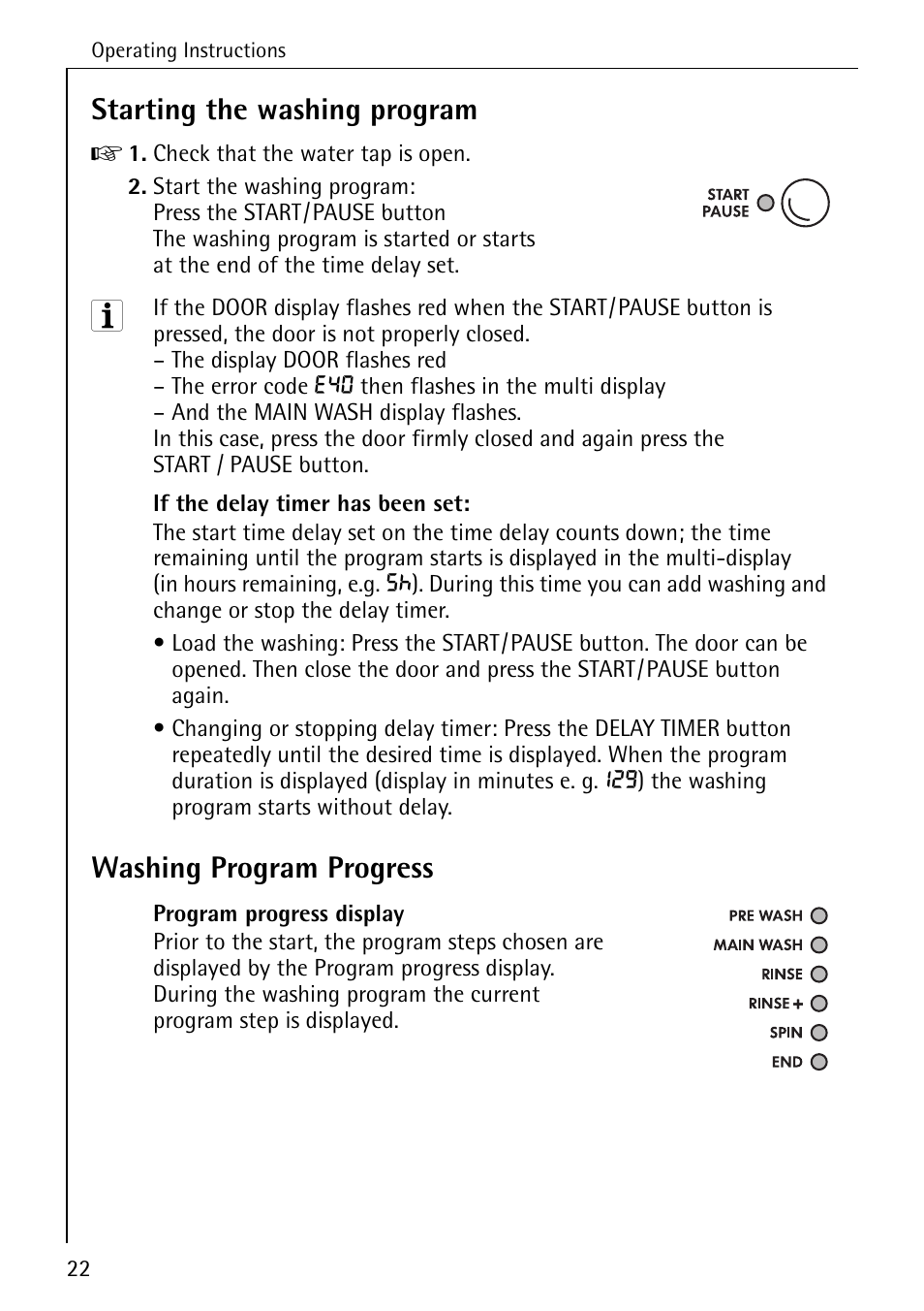 Starting the washing program, Washing program progress | Electrolux 76639 User Manual | Page 22 / 52