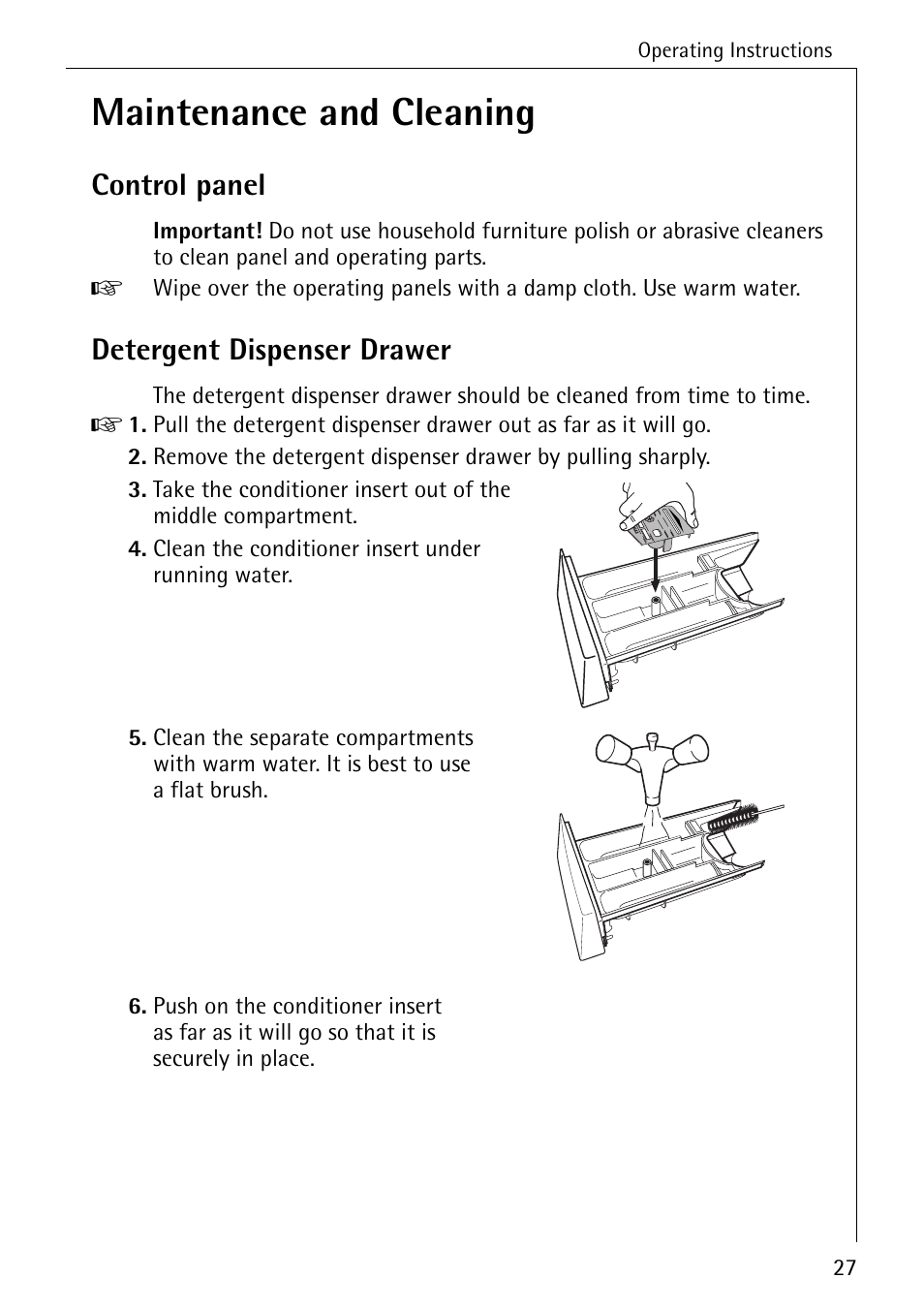 Maintenance and cleaning, Control panel, Detergent dispenser drawer | Electrolux 76639 User Manual | Page 27 / 52