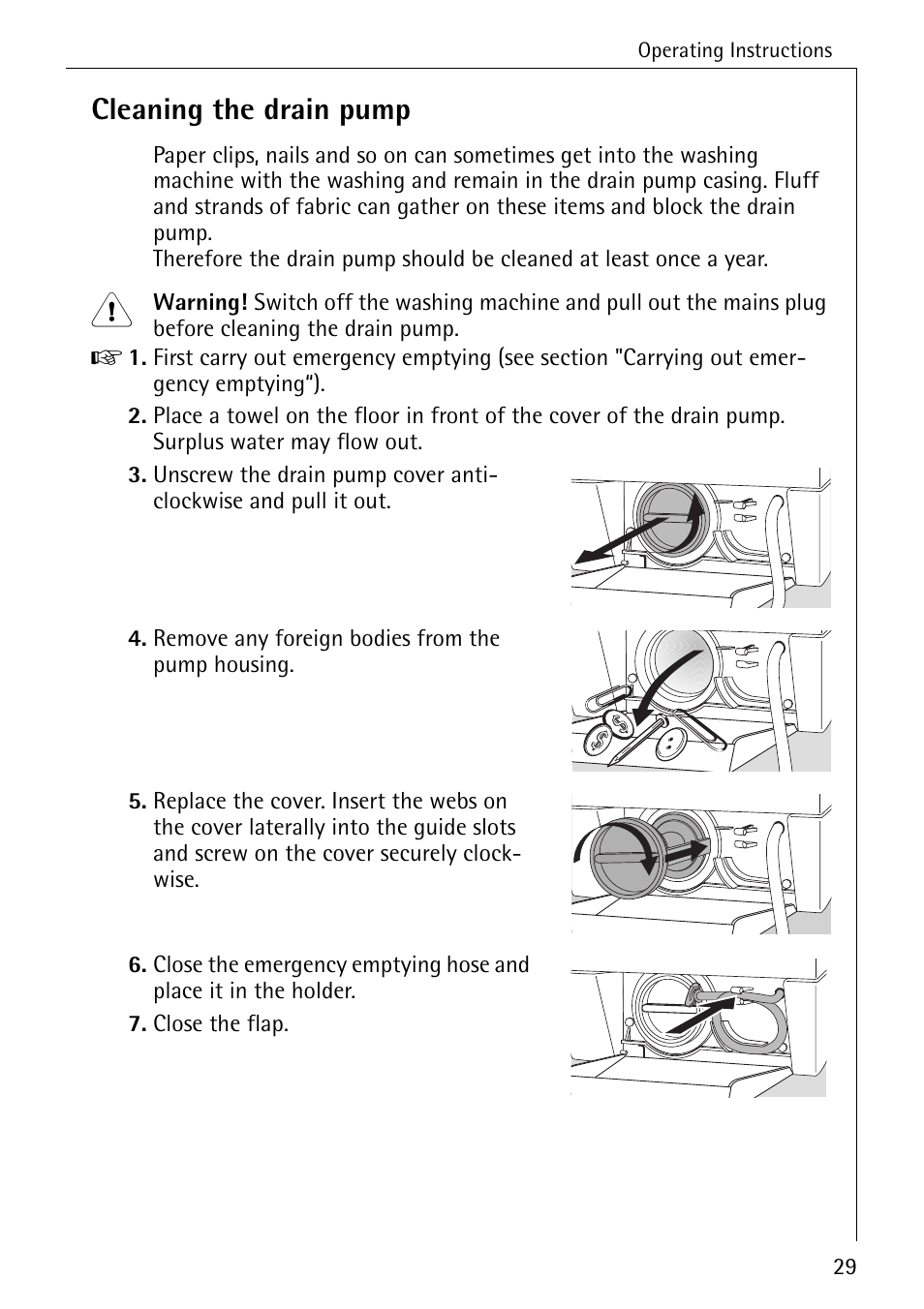 Cleaning the drain pump | Electrolux 76639 User Manual | Page 29 / 52