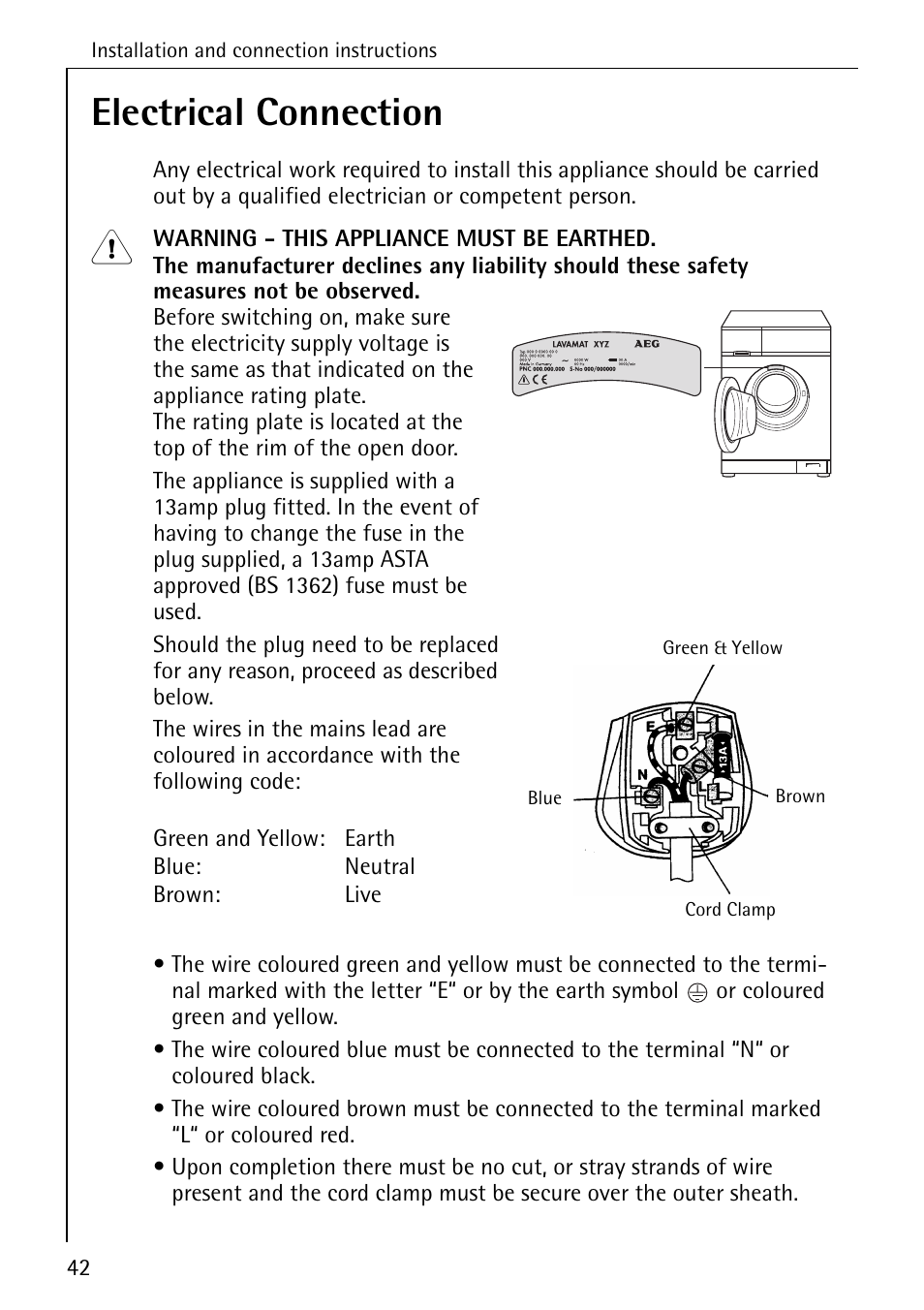 Electrical connection | Electrolux 76639 User Manual | Page 42 / 52