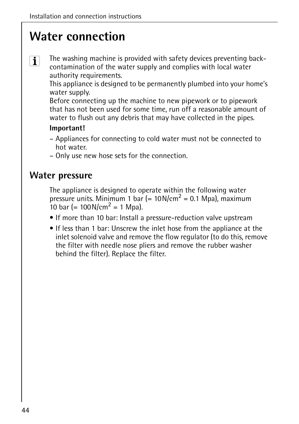 Water connection, Water pressure | Electrolux 76639 User Manual | Page 44 / 52