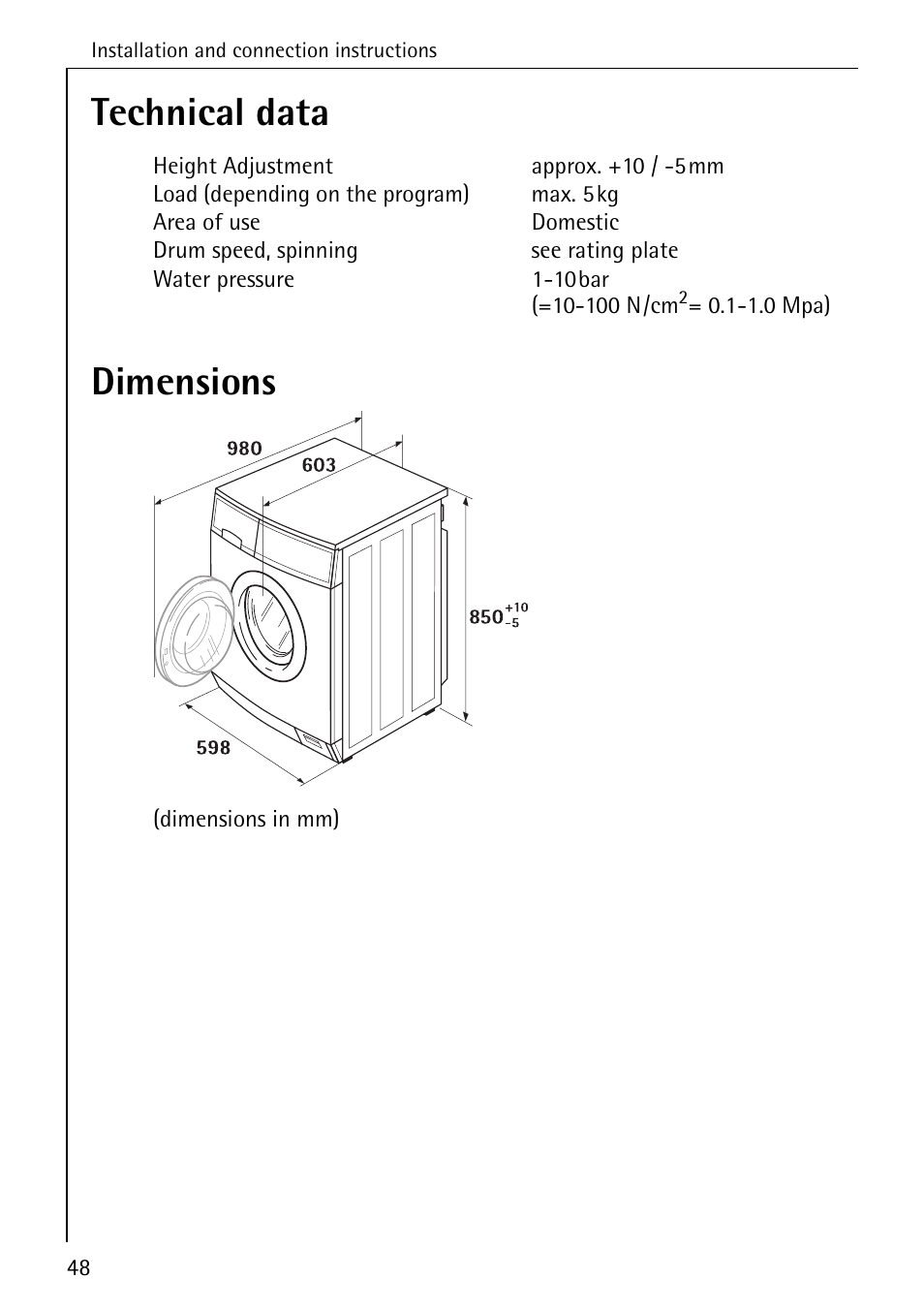 Technical data dimensions | Electrolux 76639 User Manual | Page 48 / 52