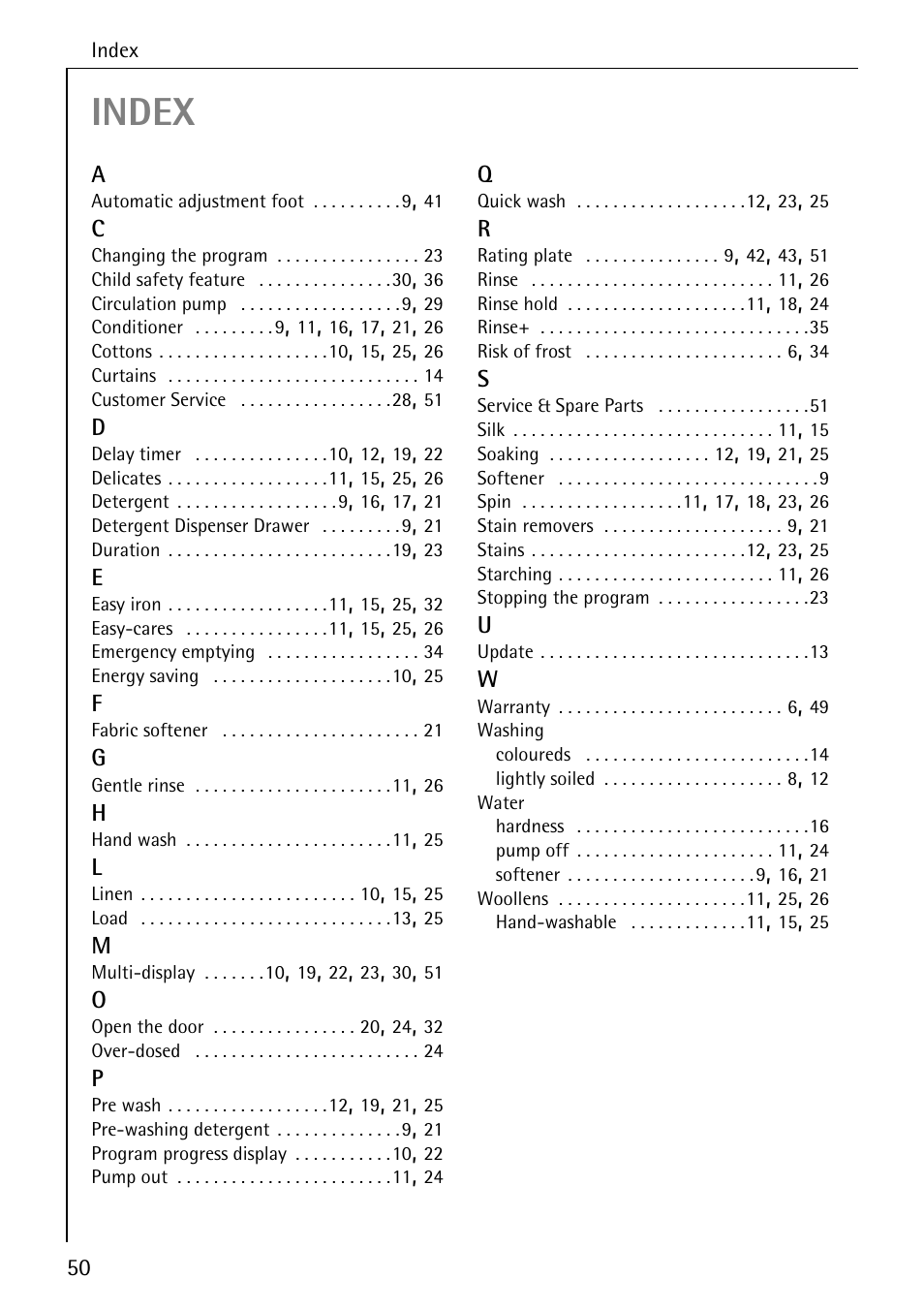 Index | Electrolux 76639 User Manual | Page 50 / 52