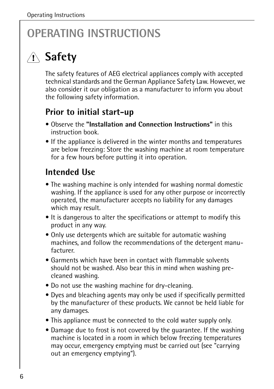 Operating instructions, Safety, Prior to initial start-up | Intended use | Electrolux 76639 User Manual | Page 6 / 52