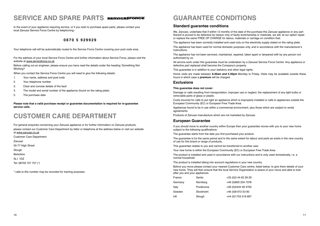 Service and spare parts customer care department, Guarantee conditions | Electrolux ZI9235 User Manual | Page 10 / 20