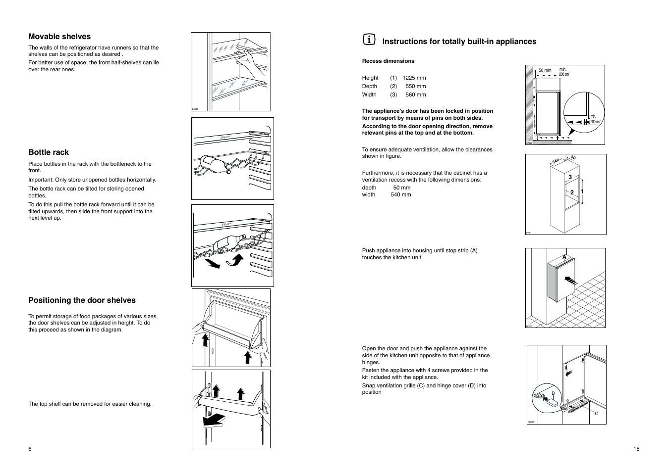 Movable shelves, Bottle rack, Positioning the door shelves | Instructions for totally built-in appliances | Electrolux ZI9235 User Manual | Page 15 / 20