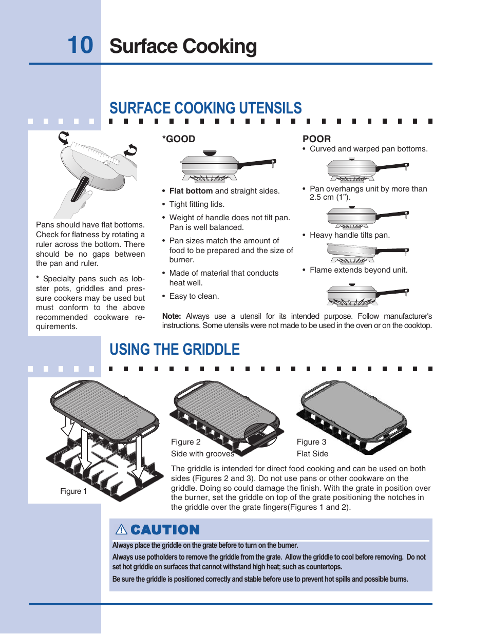 Surface cooking, Surface cooking utensils, Using the griddle | Ca caution ution ution ution ution | Electrolux 318 200 687 User Manual | Page 10 / 20
