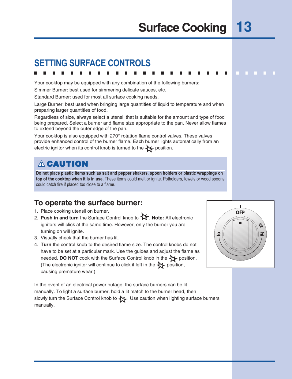 Surface cooking, Setting surface controls, Ca caution ution ution ution ution | Electrolux 318 200 687 User Manual | Page 13 / 20