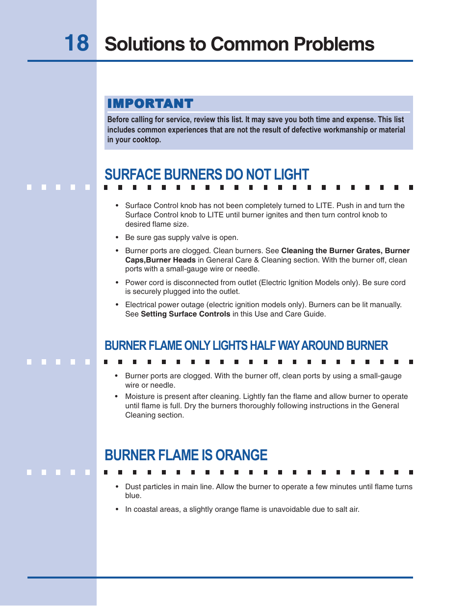 Solutions to common problems, Surface burners do not light, Burner flame is orange | Burner flame only lights half way around burner | Electrolux 318 200 687 User Manual | Page 18 / 20