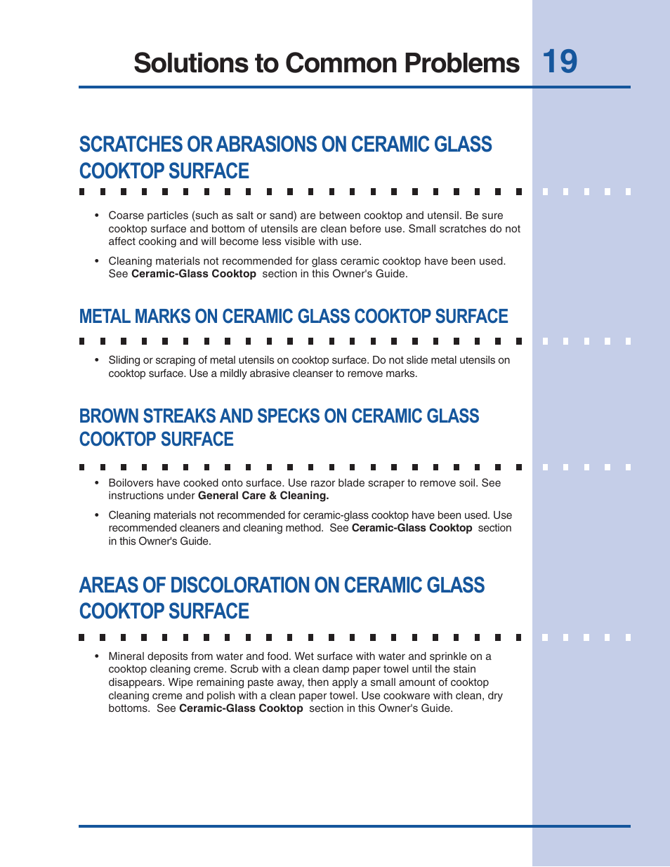 Solutions to common problems, Metal marks on ceramic glass cooktop surface | Electrolux 318 200 687 User Manual | Page 19 / 20