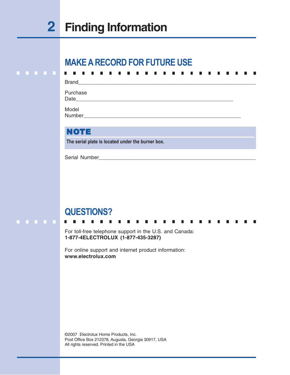 Finding information, Make a record for future use, Questions | Electrolux 318 200 687 User Manual | Page 2 / 20