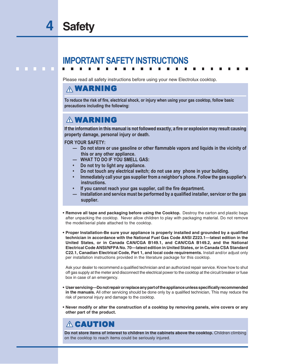 Safety, Important safety instructions, Warning | Ca caution ution ution ution ution | Electrolux 318 200 687 User Manual | Page 4 / 20