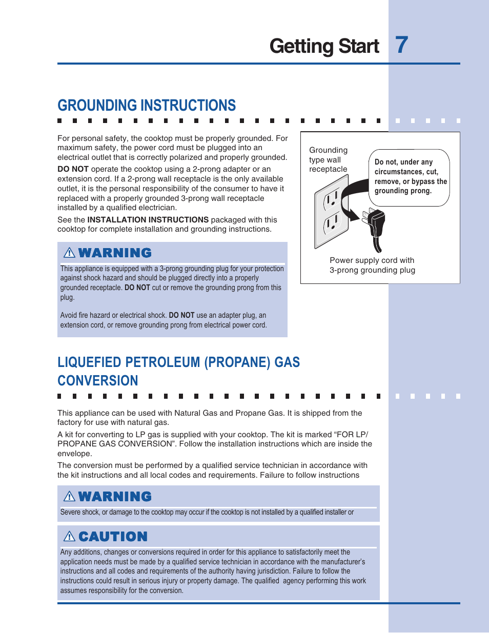 Getting s getting start art, Grounding instructions, Liquefied petroleum (propane) gas conversion | Electrolux 318 200 687 User Manual | Page 7 / 20