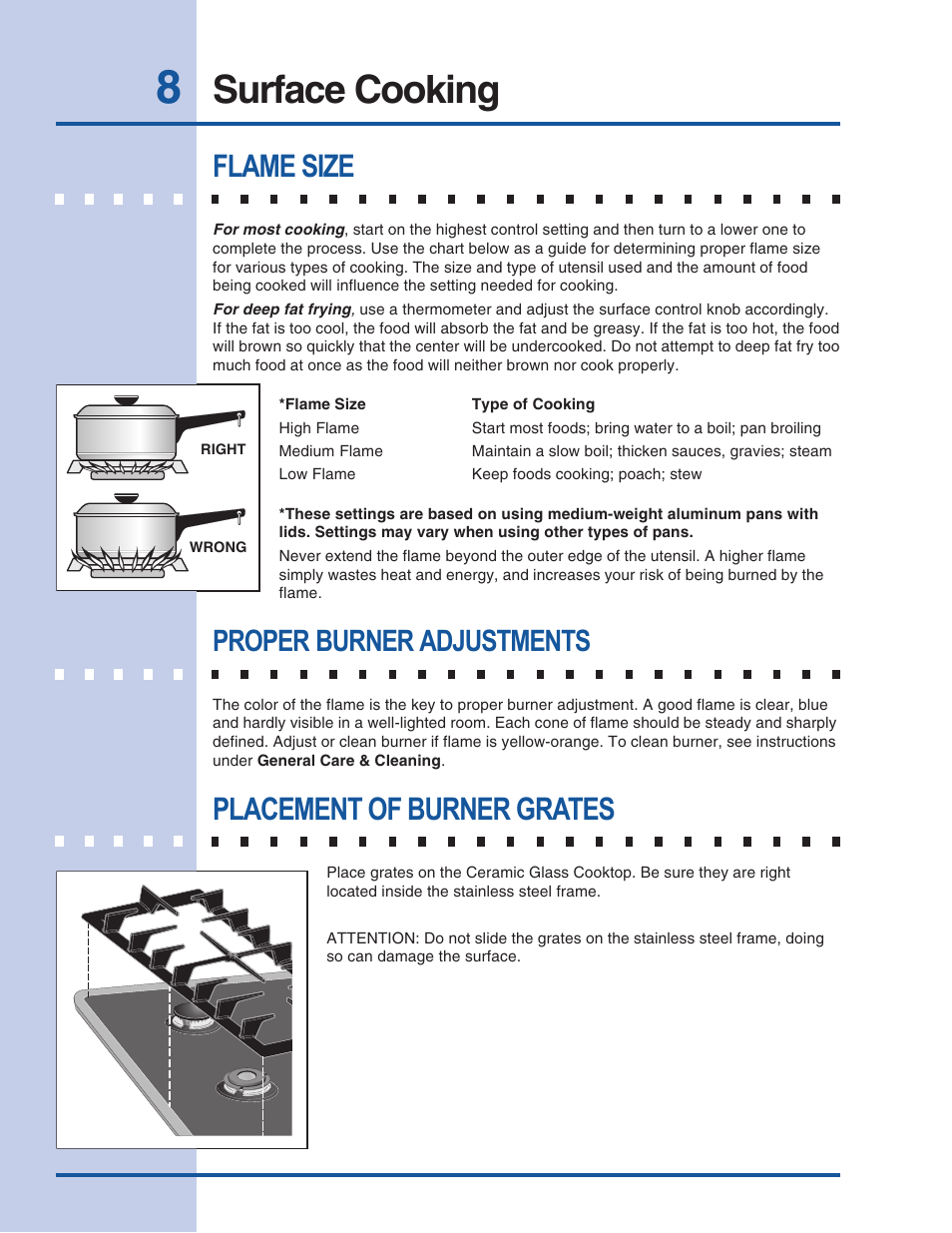 Surface cooking, Flame size, Placement of burner grates | Proper burner adjustments | Electrolux 318 200 687 User Manual | Page 8 / 20