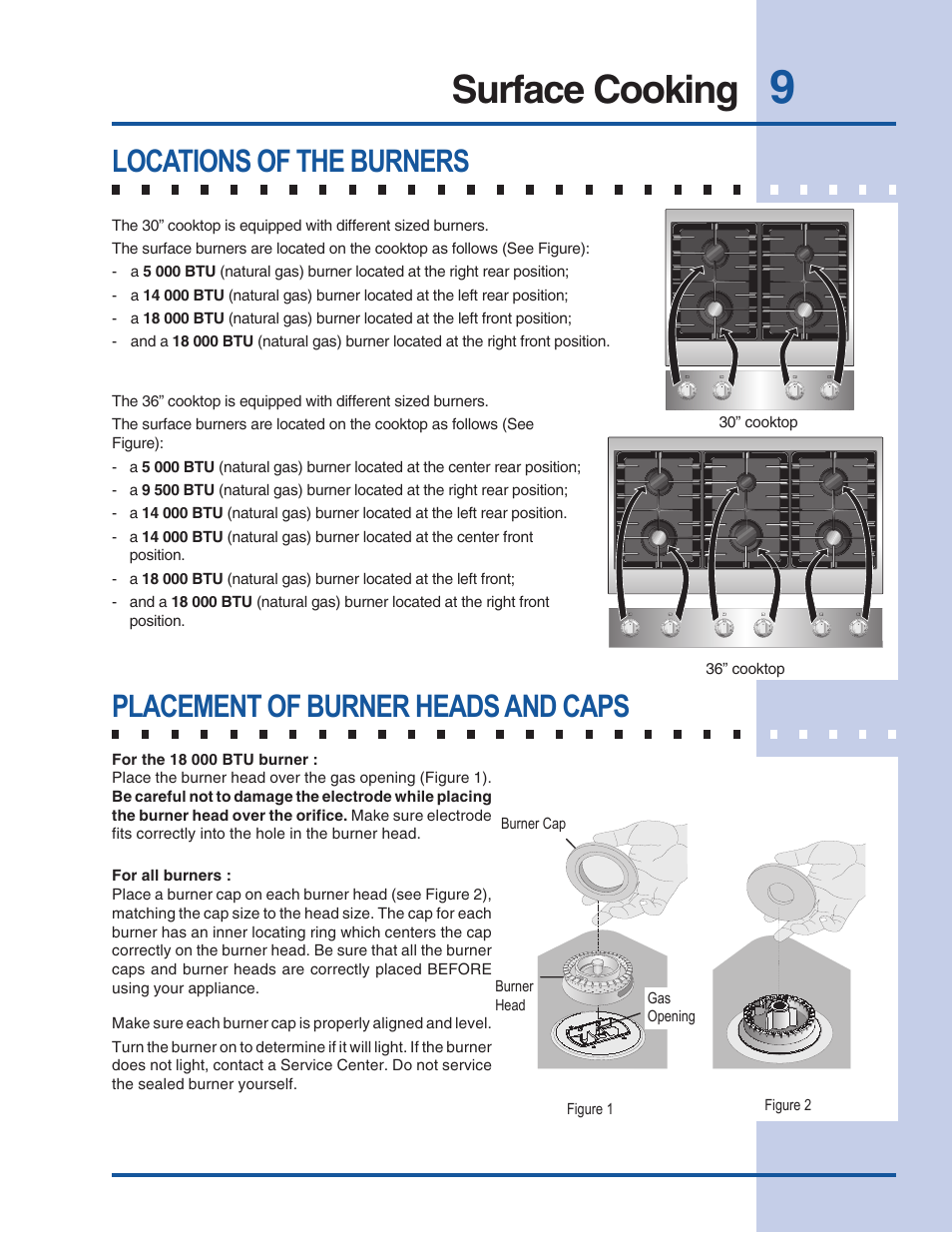 Surface cooking, Placement of burner heads and caps, Locations of the burners | Electrolux 318 200 687 User Manual | Page 9 / 20