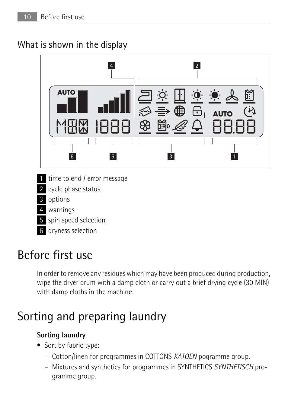 Before first use, Sorting and preparing laundry, What is shown in the display | Electrolux 58840R User Manual | Page 10 / 44