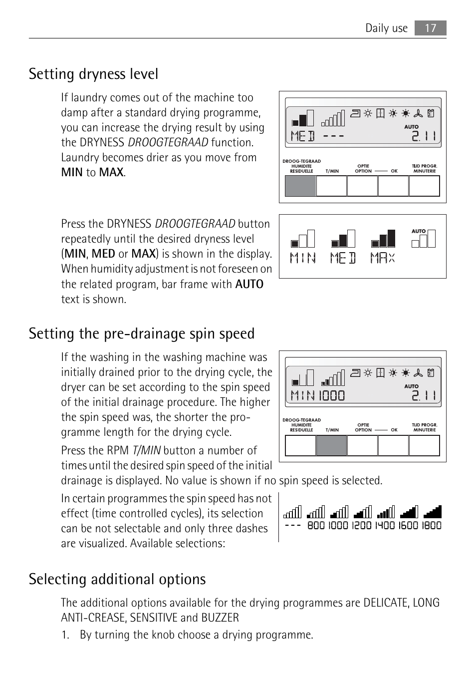 Setting dryness level, Setting the pre-drainage spin speed, Selecting additional options | Electrolux 58840R User Manual | Page 17 / 44