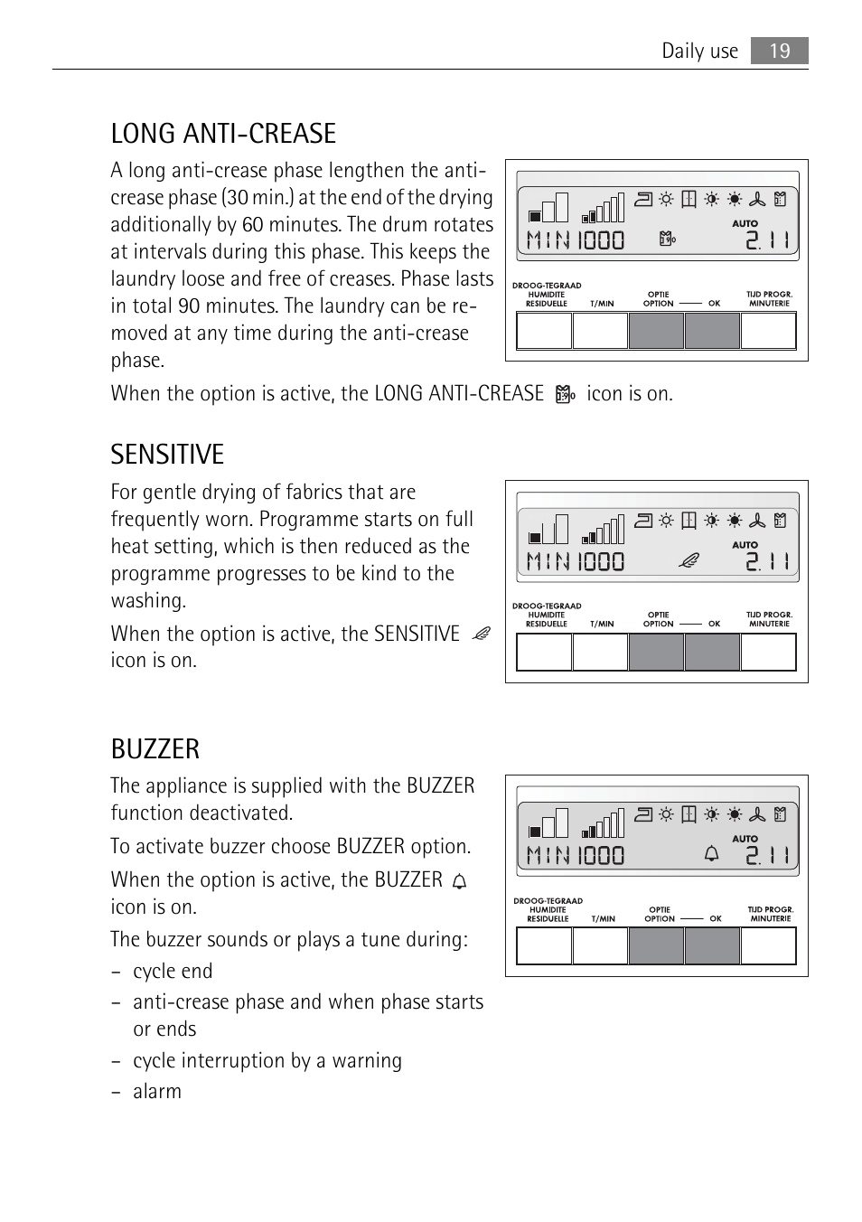 Long anti-crease, Sensitive, Buzzer | Electrolux 58840R User Manual | Page 19 / 44