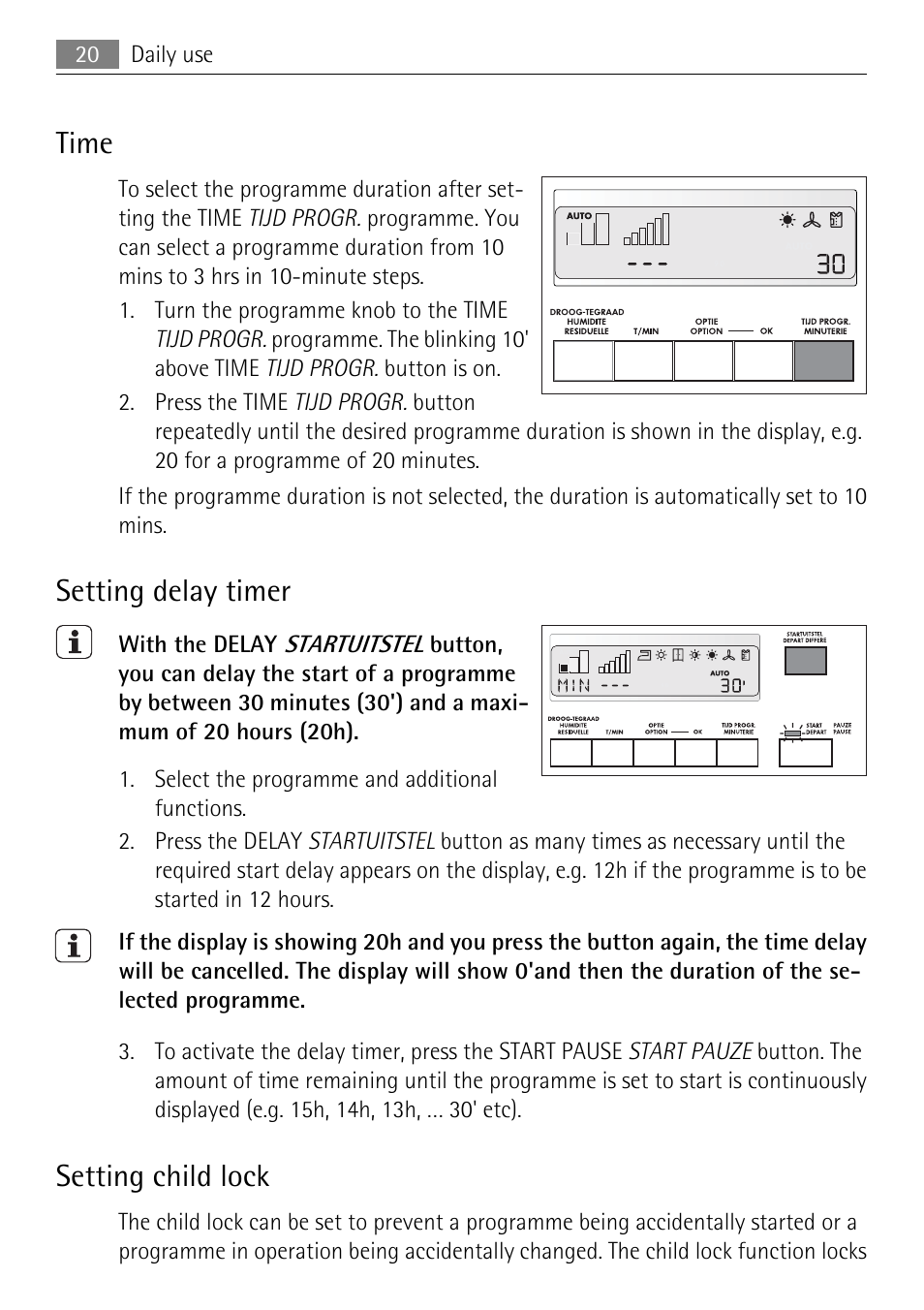 Time, Setting delay timer, Setting child lock | Electrolux 58840R User Manual | Page 20 / 44